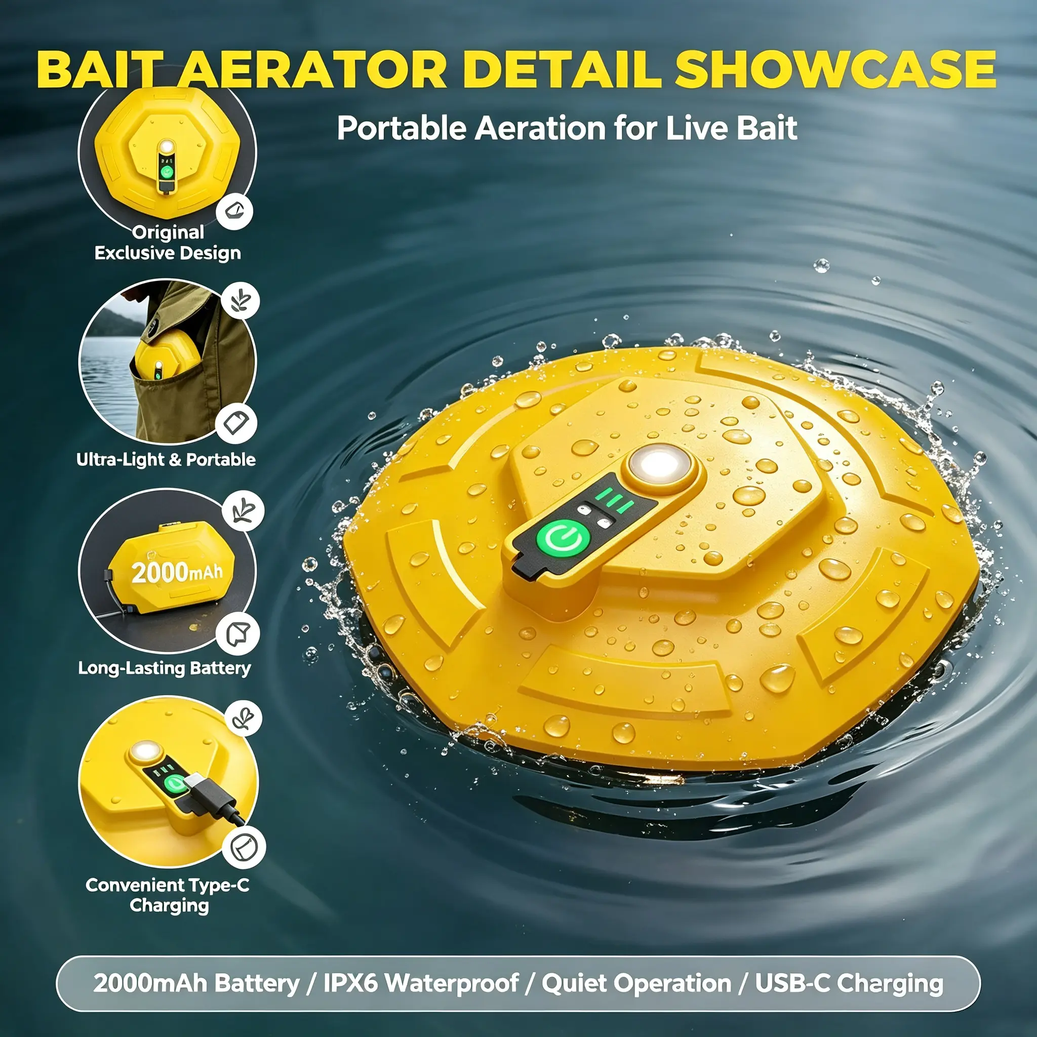 Live Bait Aerator Rechargeable Floating Fishing Bait Pump, IPX7 Waterproof Ultra Quiet Oxygenator with USB Charging, 3-Speed Portable Aerator for Live Minnows & Fishing