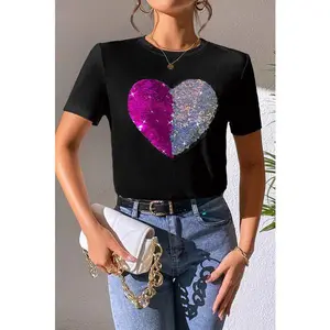 Heart Sequin Round Neck Short Sleeve T-Shirt