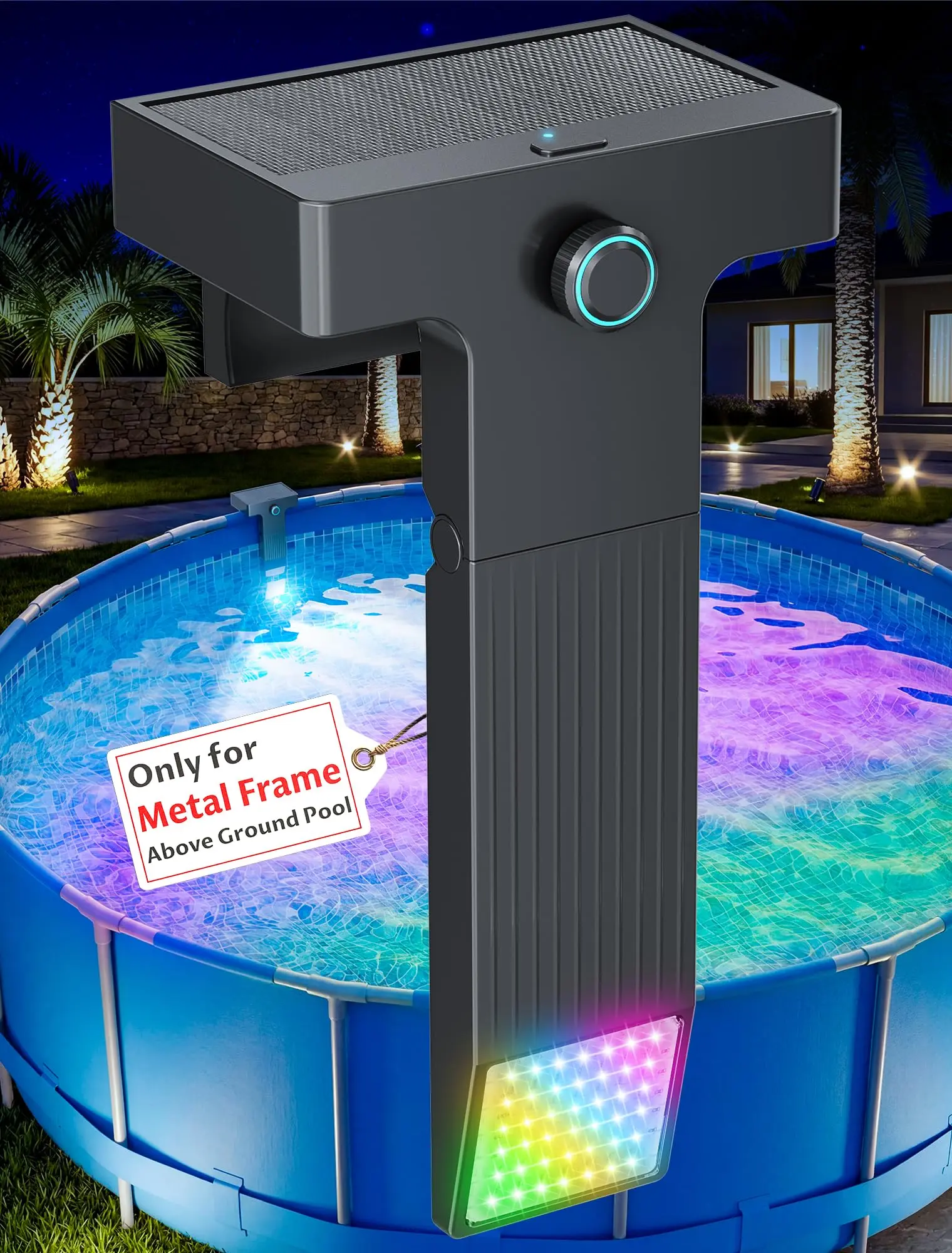 POOLHOUR Outdoor Solar Led Pool Lights Lighting Products for Metal Frame Above Ground Pools, 10-Color 4-Mode with Light Sensor, Submersible, Remote Control & Auto Shut-Off Timer, 1 Pack