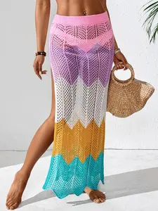 Women's Color Block Crochet Maxi Skirt – Open Knit Beach Cover Up with High Side Slit, Elastic High Waist Swimwear Cover for Summer Vacation & Pool Party