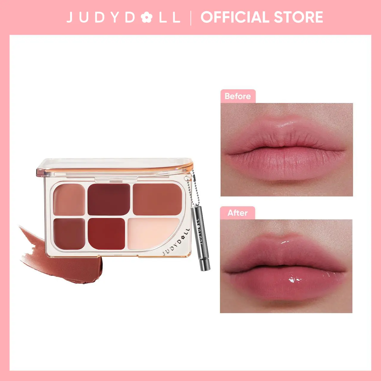 JUDYDOLL 6-Color Lip Palette, Multi-Use, Fine Shimmer, Creamy Texture, High Coverage, Matte And Glossy Finish, Lip Care, Moisturizing, Easy To Apply, Built-In Lip Brush, Compact, Unique, Cute, Textured Design, Travel Friendly, Refresh Look, Summerwins