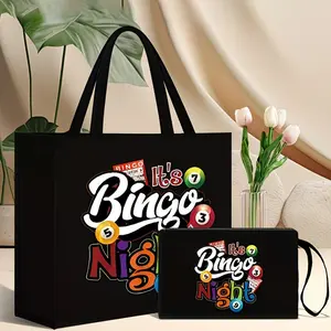 Women's Bingo Night Themed Tote & Wallet Set, Magnetic Closure, Bingo Ball & Numbered Cards Print, Durable Lining, Sturdy Strap, Bingo Night Party Bag