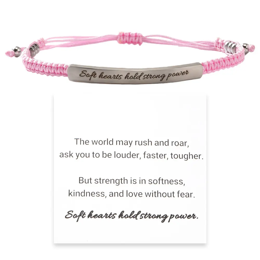 Pink Braided Pattern Bracelet for Teen Girls - Adjustable Size, Casual Everyday Wear, Mental Health Anxiety Relief, Inspiration Quote, Heart Charm Costume Jewelry, Encouragement Gift for Daughter, String Rope