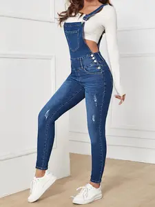 Women's Adjustable Strap Elastic Denim Workwear Jumpsuit Overalls, Loose-Fitting Casual Style, Spring & Fall Fashion, Plain Pattern