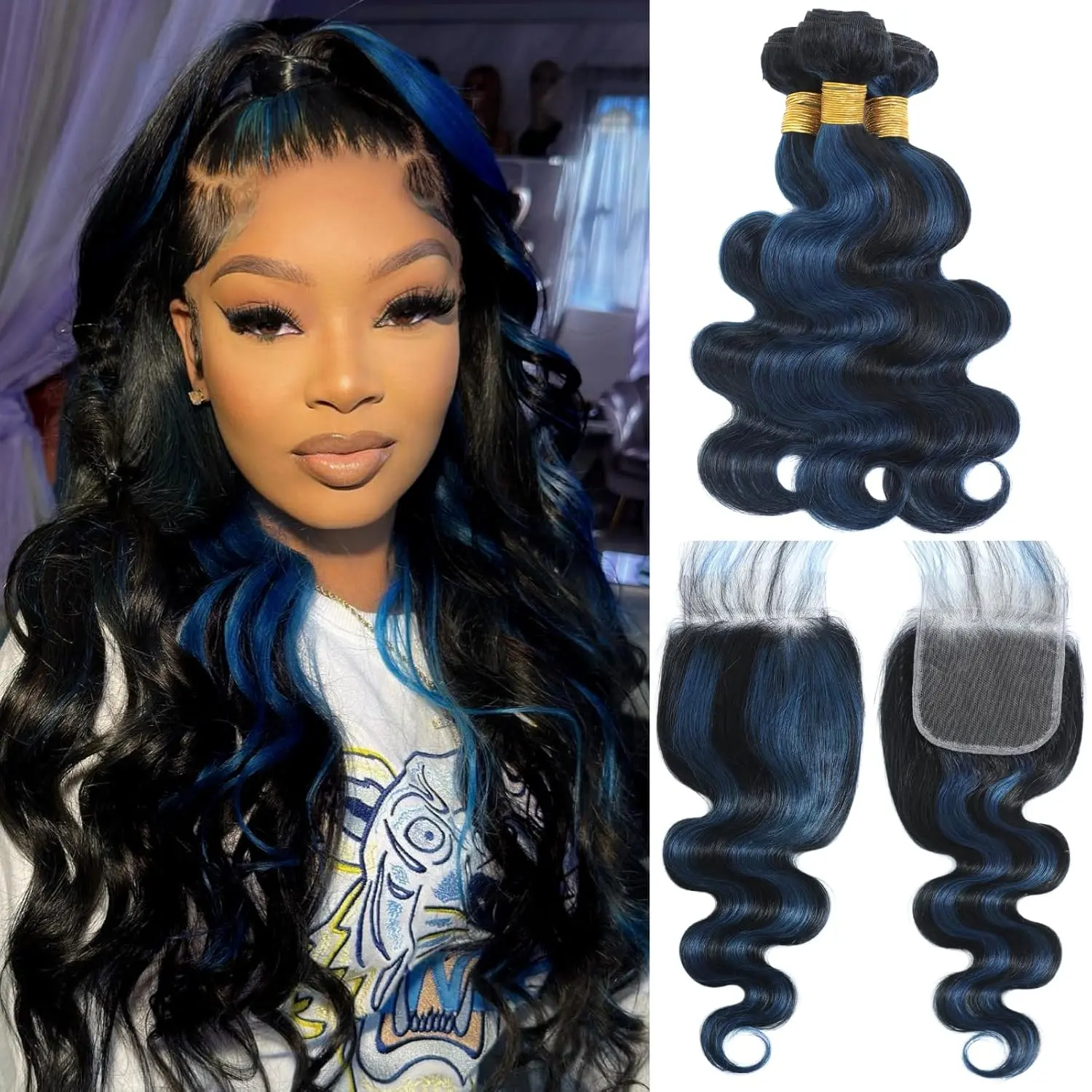 ANMETAN12A Black Mix Blue Highlight Bundle with Closure Human Hair Body Wave, #1B/Blue Colored Subtle Bundles with Closure 100% Unprocessed Remy Hair 3 Bundles with Lace Closure