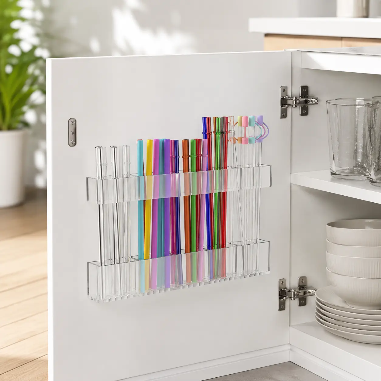 Adjustable Extra-Large Acrylic Cabinet Door Straw Holder – Ultra Sticky Adhesive | 2025 Modern Transparent Reusable Storage for Kitchen & Pantry
