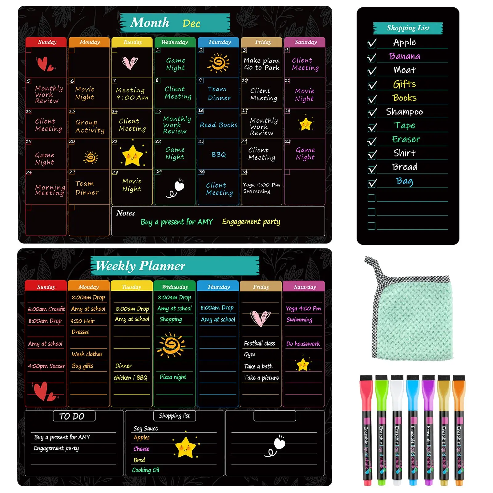 MaxGear Black Magnetic Dry-Erase Whiteboard with Whiteboard Face - Fridge/Locker Mount, Office Stationery, 7-Color Markers & Eraser, School Time Management Tool, Weekly/Monthly Home Scheduling Board