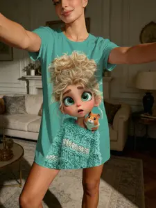 Tiktok Trendy Mint Cute Cartoon Girl Print Short Sleeve Round Neck Sleepwear Loungewear, Casual Loose-Fitting Homeewear for All Seasons