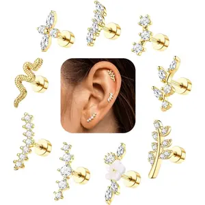 Milacolato Fashion Earrings Set - Hypoallergenic Surgical Stainless Steel Flat Back Cartilage Studs for Women, 9Pcs 16G 18G Earring Stack for Sensitive Ears, CZ Daith Conch Tragus Helix Piercing Jewelry
