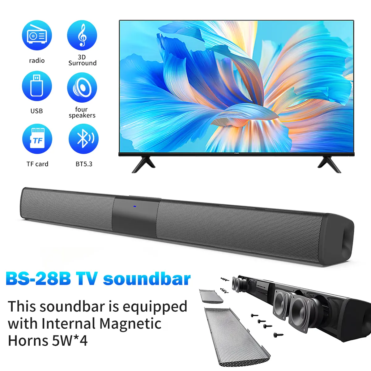 TV Soundbar Bluetooth Speaker: Suitable for Home Theater Audio, Smart TV, PC, Gaming, and Projectors. Supports Wireless Bluetooth Connection, USB, and Wired Audio Input. Features a Four-speaker, Four-driver Surround Sound System