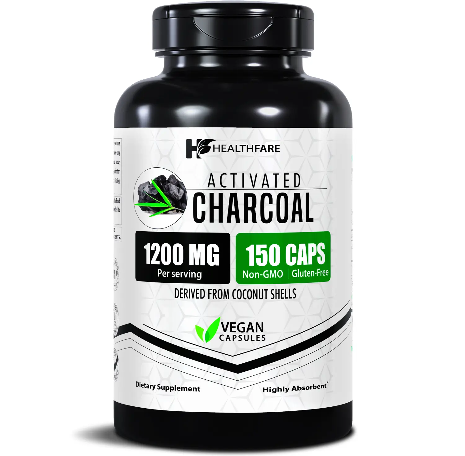 HealthFare Activated Charcoal Pills 1200mg | 150 Vegan Capsules | Organic Coconut-Sourced | Detox & Digestive Balance | Non-GMO, Gluten-Free | Made in USA