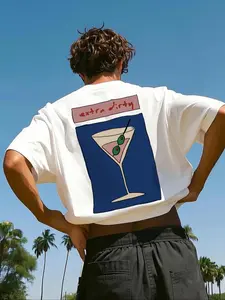 Men's Cocktail Drink Print Round Neck Tee, Loose Casual Street Short Sleeve T-shirt for Summer, Men's Top for Daily Wear, Tropical