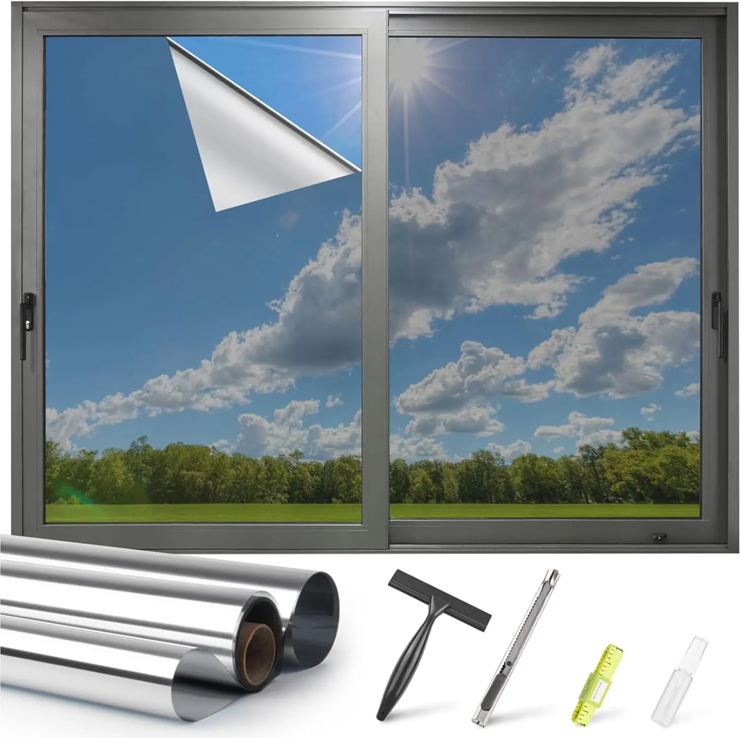 One Way Window Tint Film, Silver, 17.5″ x 78.7″| Heat Anti UV Static Cling No Glue Door Covering, See out not in Daytime Privacy Tinting for Home Office