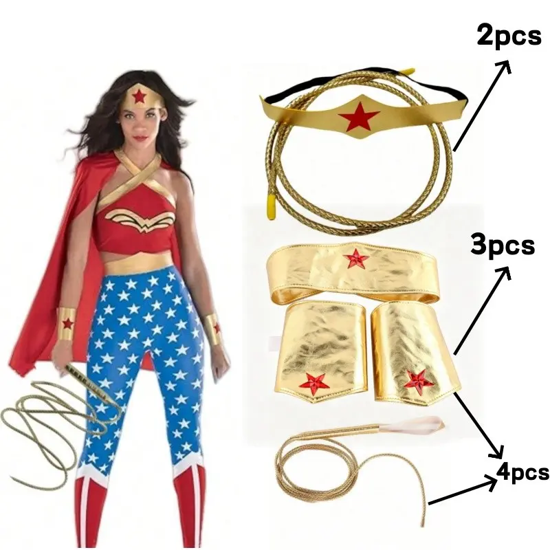 Halloween Costume Set, Gold Crown, Lasso Belt, Wristband, Perfect for Cosplay, Halloween Party, Christmas, Eastern Theme