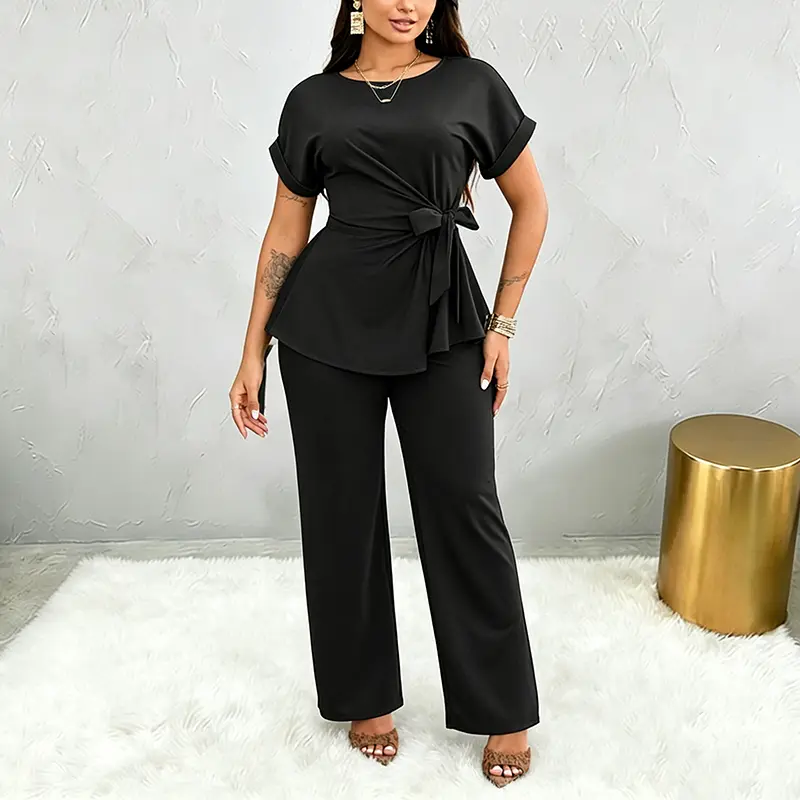 Women's 2-Piece Silky Polyester Business Suit Set - Short Sleeve Peplum Pullover Top with Round Neck, Stretchy Loose Solid Adjustable-Fit Flared Pants for Birthday Occasions