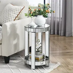 Mirror round table with crystal inlay, 2-layer modern small sofa table with storage space, silver decorative table suitable for living room, bedroom, coffee and small spaces Rectangular Tabletop White