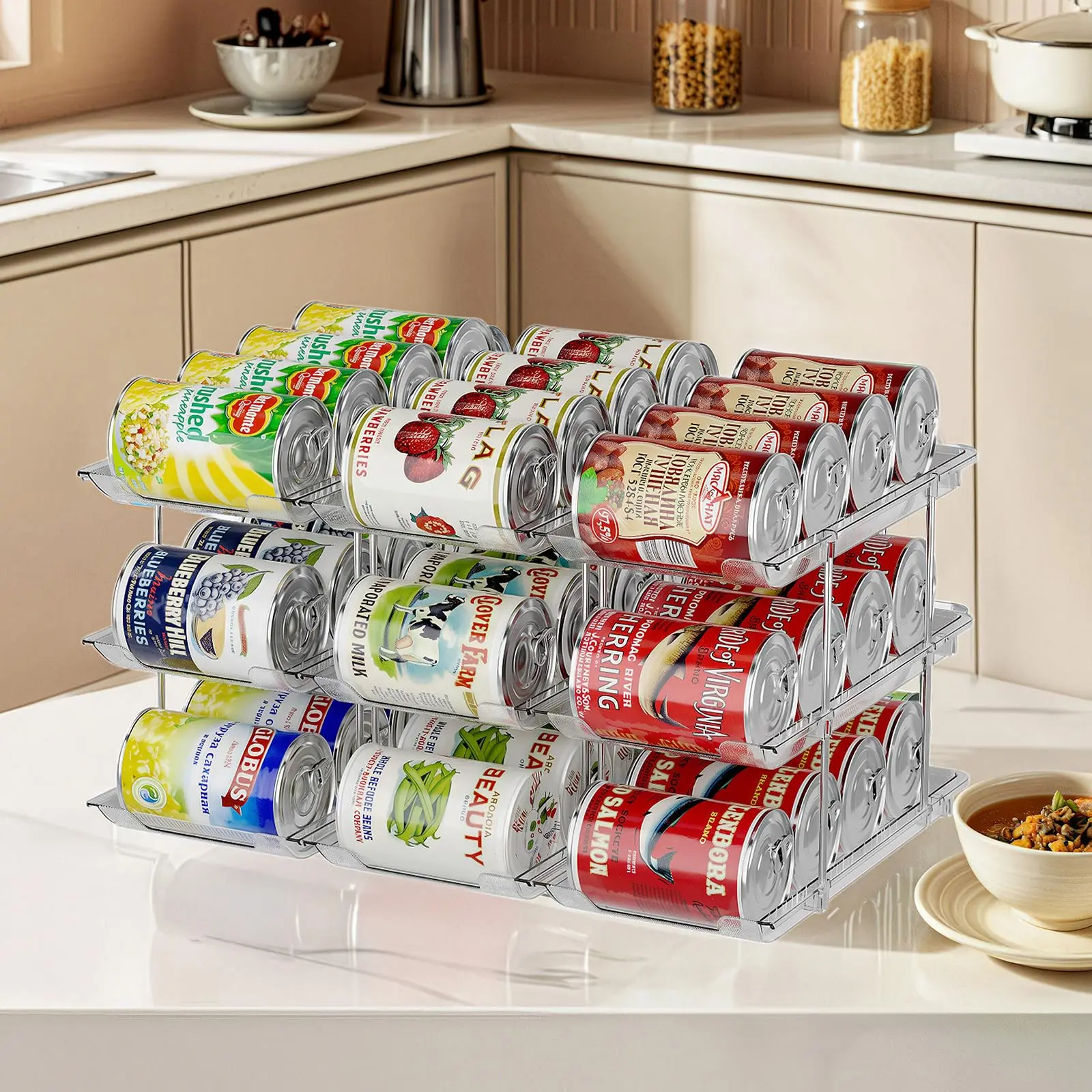 Can Organizer for Pantry Free Combination Can Dispenser, Clear Thickened 3-Tier Storage Rack for 36 Cans Suitable for Cabinet Pantry Fridge Countertop
