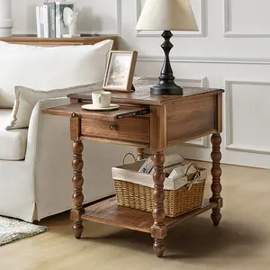 HULALA HOME Ira 26" Tall Farmhouse Solid Wood End Table with Built-in Charging Outlets Computer Tray & Extendable Trays Versatile Functionality for Living Room Storage