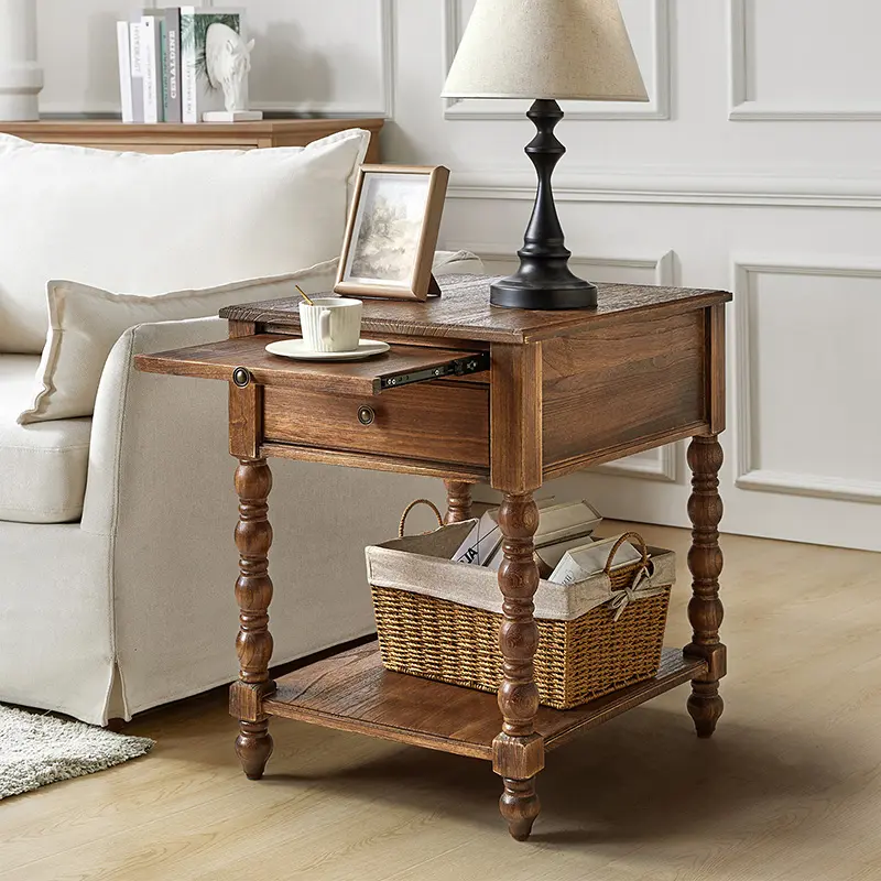 HULALA HOME Ira 26" Tall Farmhouse Solid Wood End Table with Built-in Charging Outlets Computer Tray & Extendable Trays Versatile Functionality for Living Room Storage