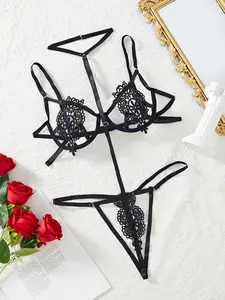 Women's Sexy One-Piece Pajamas Underwire Lingerie Set (with Steel Ring & Thong), Deep V Cut Out Flower Lace Underwear, Valentine's Day Essential, Floral Lace Bodysuit, Lingerie Lace Sleepwear