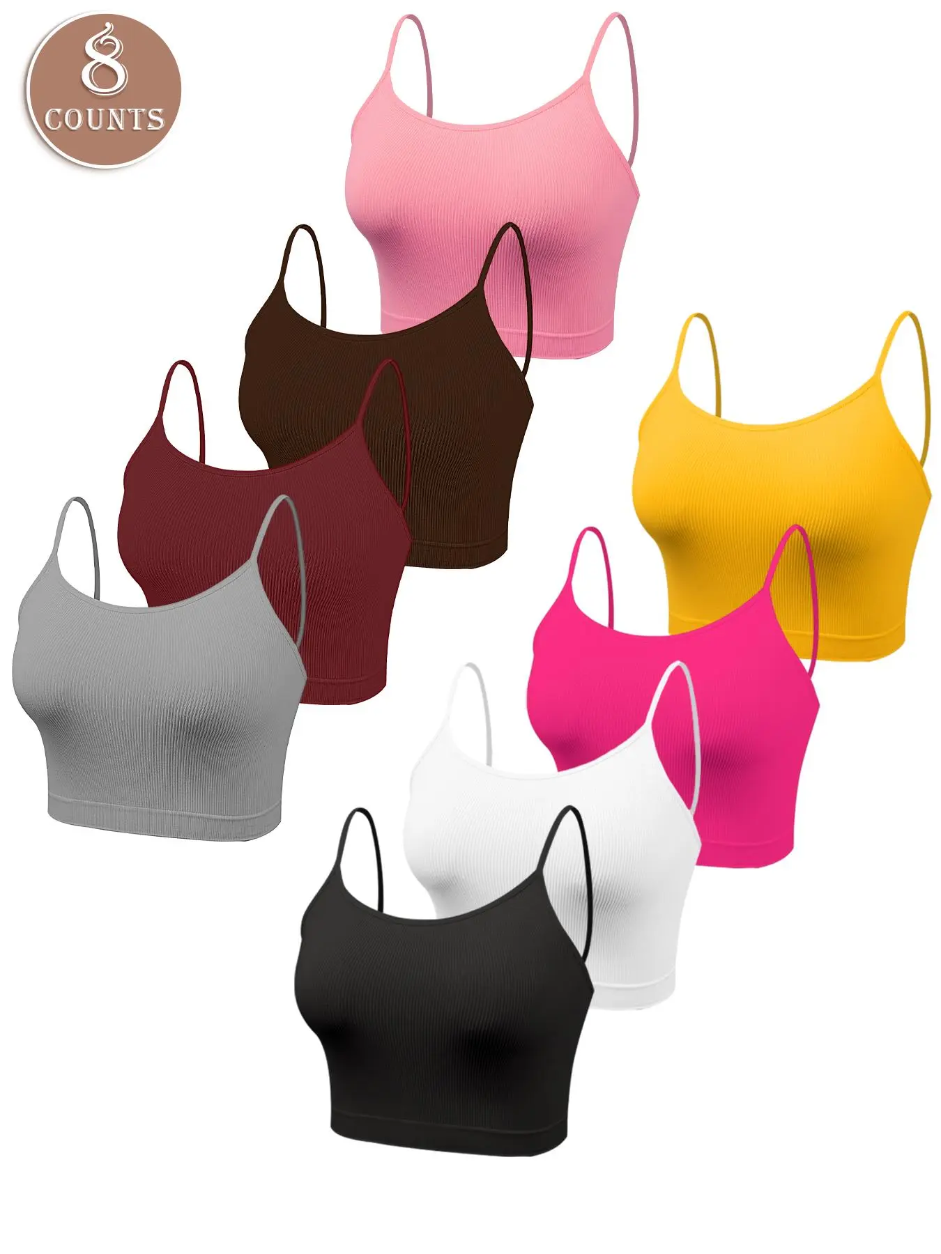 8 Pack Women Solid Wireless Sports Bra, Seamless Ribbed Yoga Bra, Stretchy Breathable Comfort Camisole Lingerie, Multipack Everyday Seamless Activewear for Fitness & Daily Wear