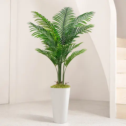 VITALISMO 5ft Artificial Potted Plastic Palm Plant with Tall White Planter - 12 Realistic Branches, Decorative Fruits, Moss-Matched Look, Modern Fit, Tropical Vibe for Room, Garage, Toilet Decor,home decor
