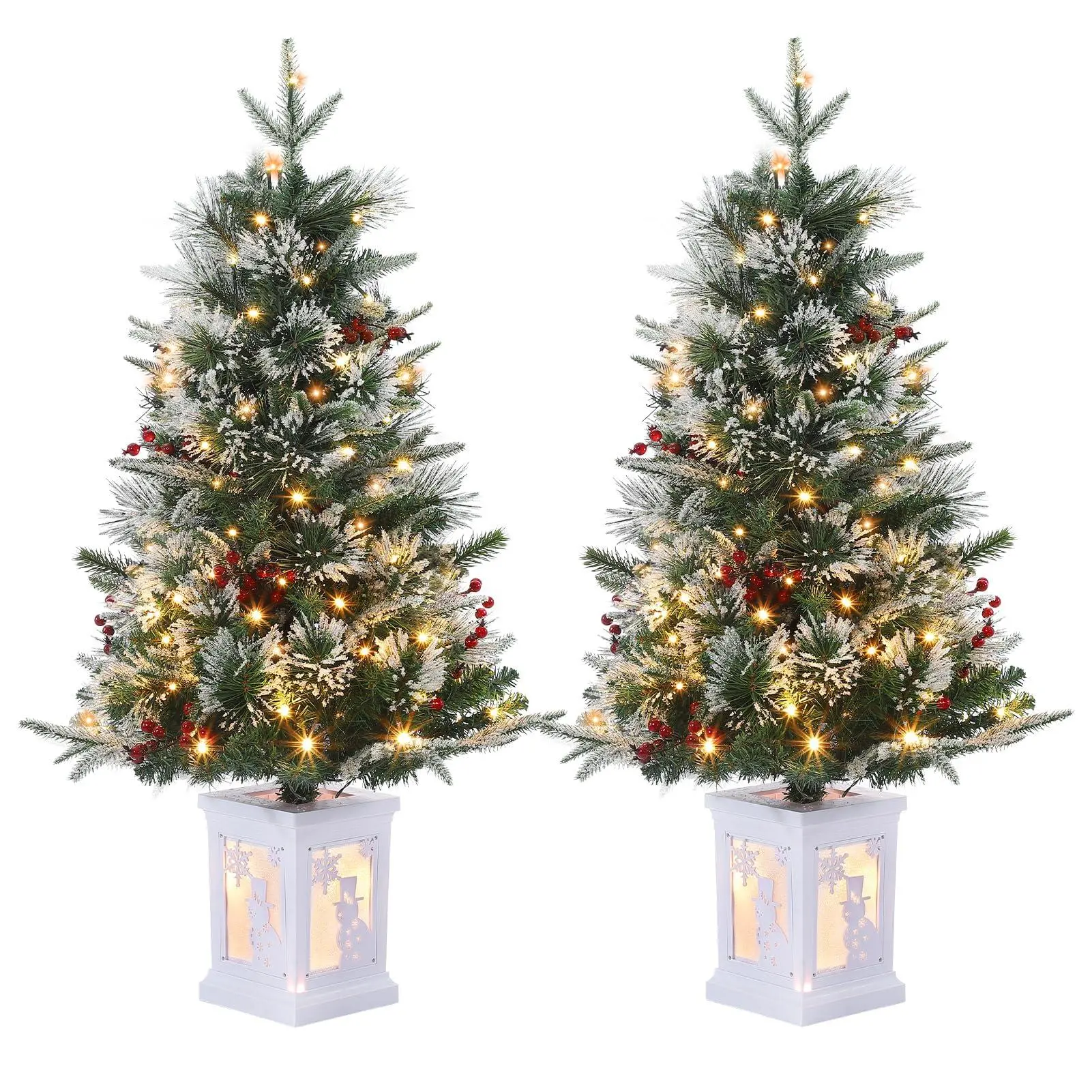 Luminous Magical 3 Ft Artificial Christmas Tree with Snowman Base, 78 LED Lights, Red Berry Decorations, Window-Friendly 2-Piece Holiday-Ready Outdoor Furniture Set