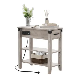 【GARVEE】End Table with USB Ports and Outlets, Flip Top Side Table Narrow Bedside Table with Drawer and Storage Shelves for Living Room (Grey)