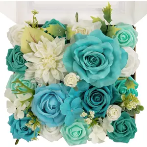 Tinge time artificial flowers combo set teal blue & white flowers mix silk flowers roses with stem for DIY wedding bridal bouquets baby shower floral arrangement table centerpieces home decorations Decorative Fruit