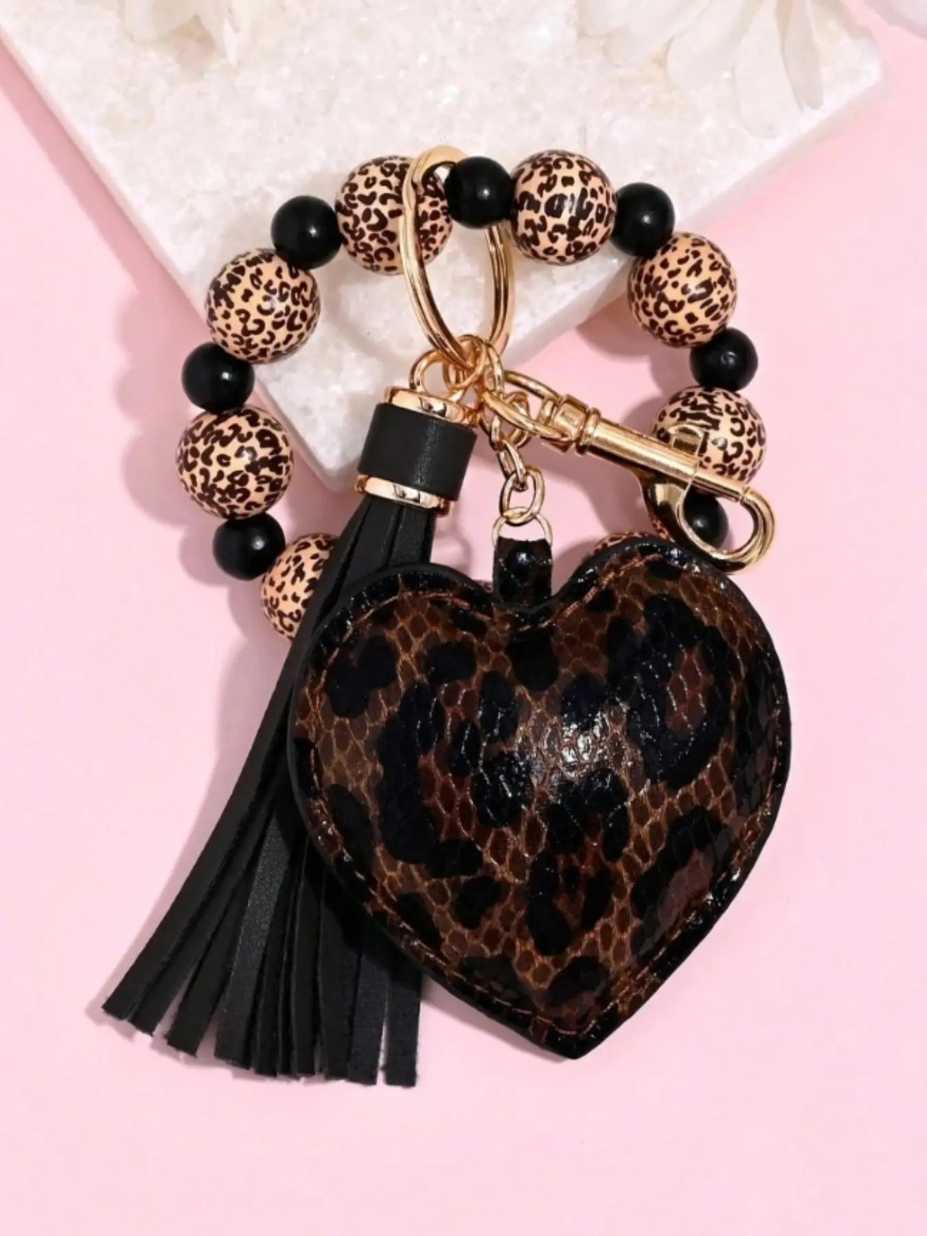 Leopard Print Wood Bead Bracelet Keychain, Leather Heart Tassel Key Ring, Bag Accessory, Key Accessories, Y2K Gothic Leopard Print