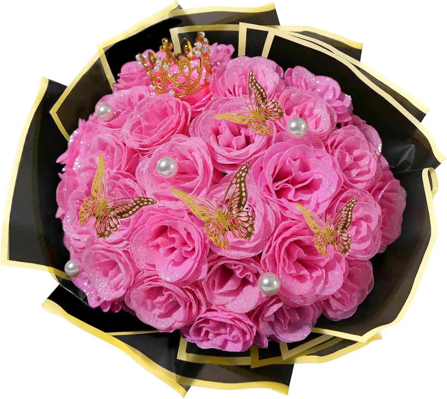 Pink Glitter Roses Bouquet, 24 Pcs Shiny Glitter Flowers Bouquet, Everlasting Artificial Roses Bouquet for Mothers Day, Birthday, Anniversary, Wedding, Engagement, Christmas