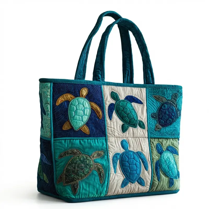 Women's Coastal Chic Patchwork Quilted Handbag - All Over Print Sea Turtle Art Square Body, Lightweight Reinforced Handle Polyester Bag, Large Capacity for Beach Use, 1PC