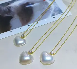 Natural heart-shaped Mabe pearl pendant 17-18mm sterling silver diamond necklace