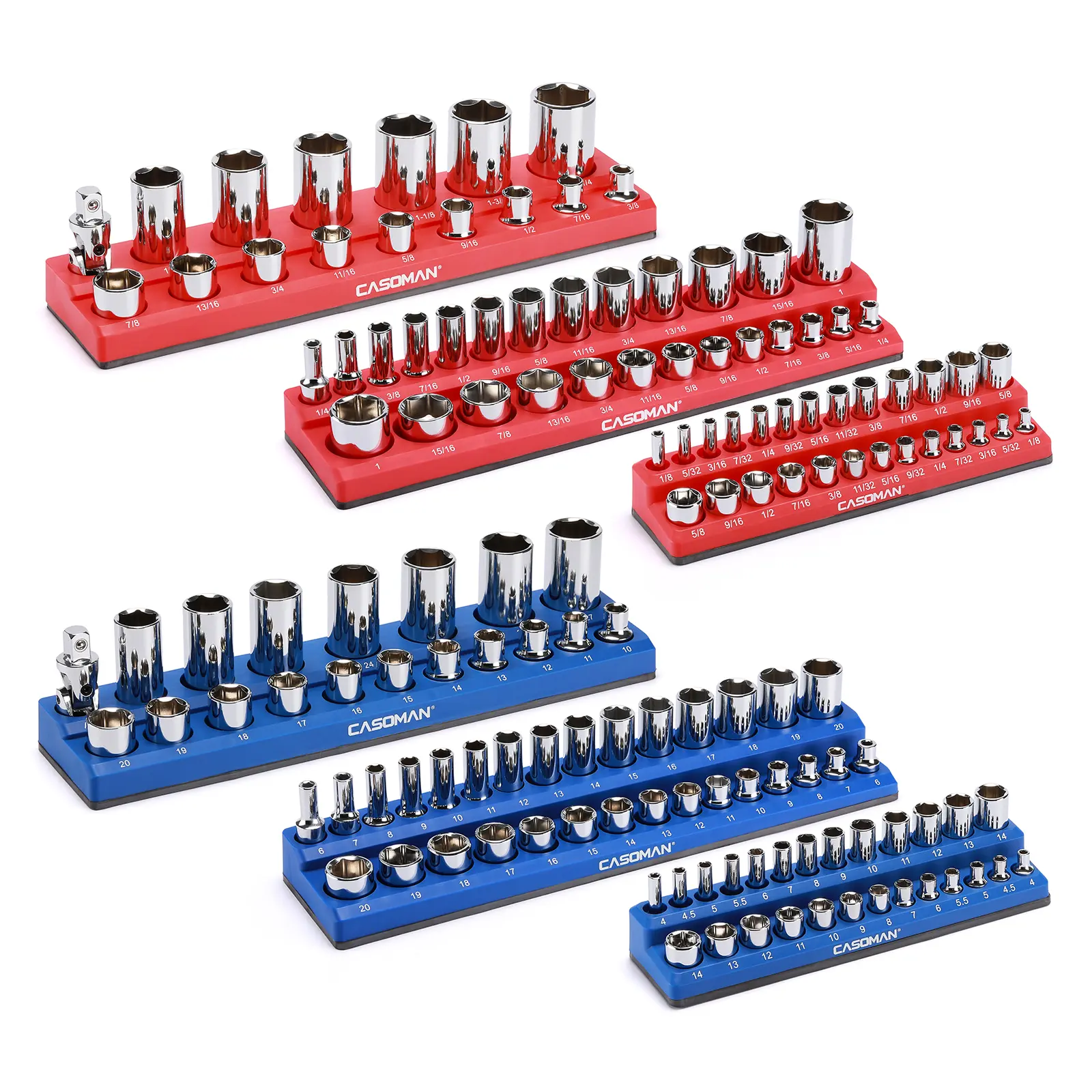 CASOMAN Magnetic Socket Organizer, 6 Piece Socket Holder Kit, 1/2-inch, 3/8-inch, 1/4-inch Drive, Holds 143 SAE&Metric Sockets, Red & Blue, Professional Quality Tools Organizer Combination Wrench Set Ratcheting Wrench Set #dealforyourdays