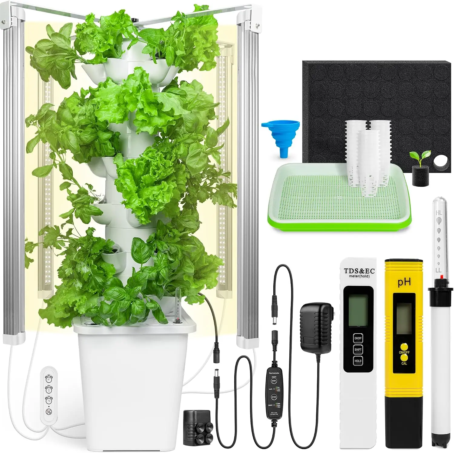 Hydroponic Tower Growing System - Indoor Vertical Greenhouse Kit with Grow Lights for 30 Plants, Timer, PH+TDS Mtr, Water Level Gauge - Home Improvement Herb Gardening Supply