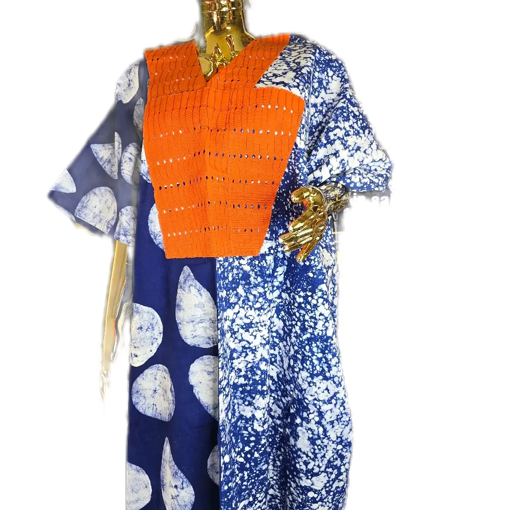 Adire with Aso Oke Boubou - Blue and White Floral Print Dress with Orange Aso oke neck and Gold Accents