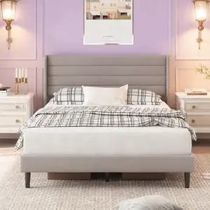 Queen Bed Frame with Modern Wingback Headboard Velvet Platform Solid Wood Slats No Box Spring Required Easy Assembly Light Beige