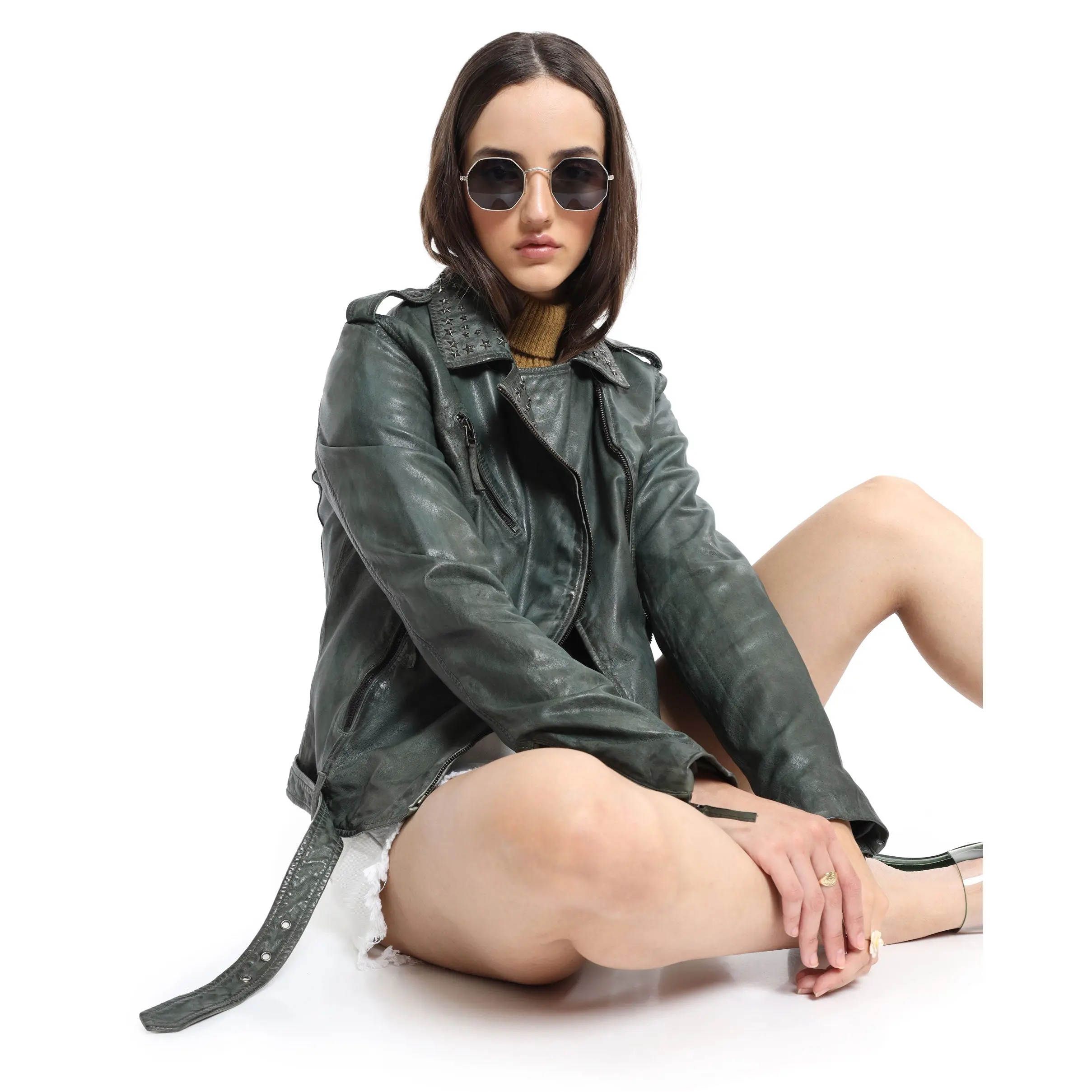 Women's Washed Green Studded Leather Jacket with Black-White Accents - Rockstar Aesthetic Women's Outerwear, Alternative Style Women's Faux Leather Jackets