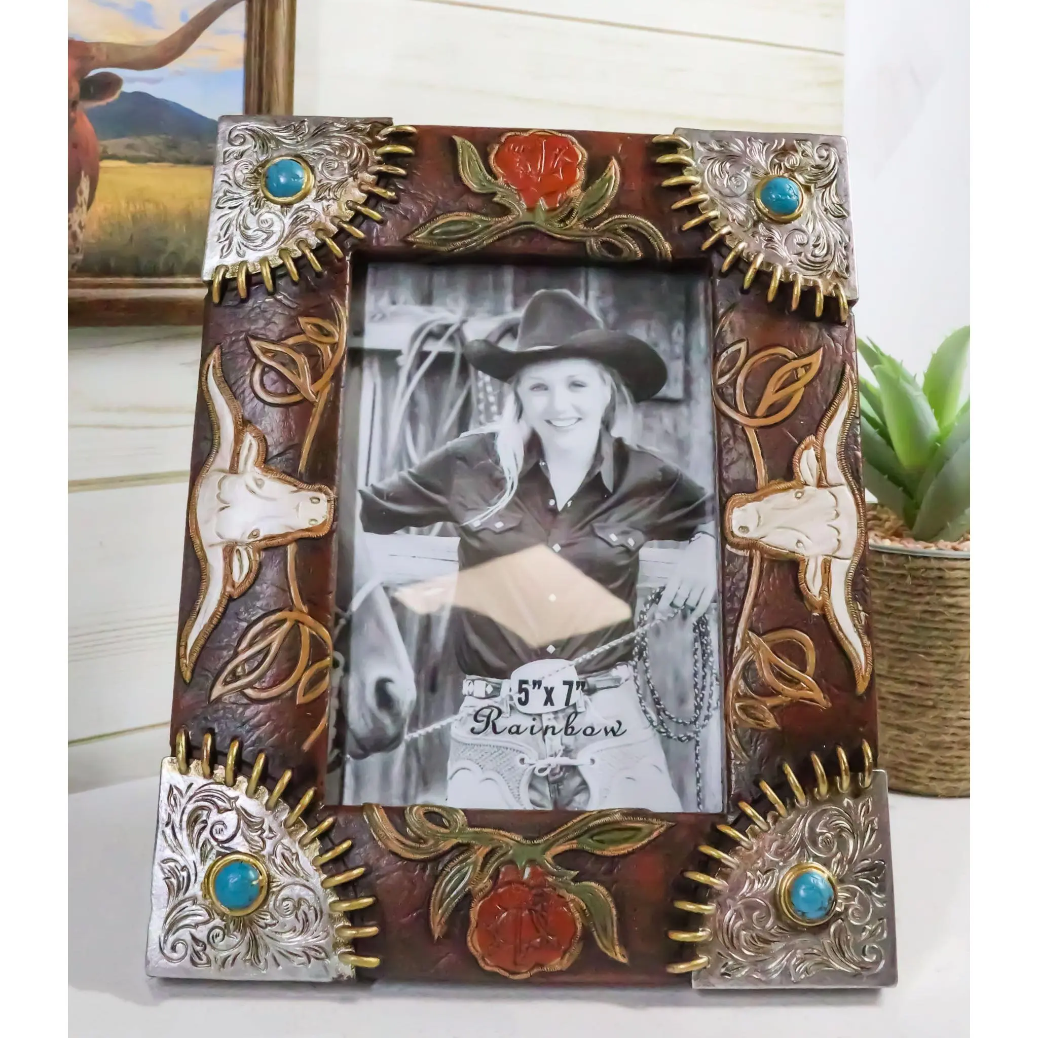 Rustic Western Longhorns Silver Conchos Turquoise Gems Picture Photo Frame 4"X6"