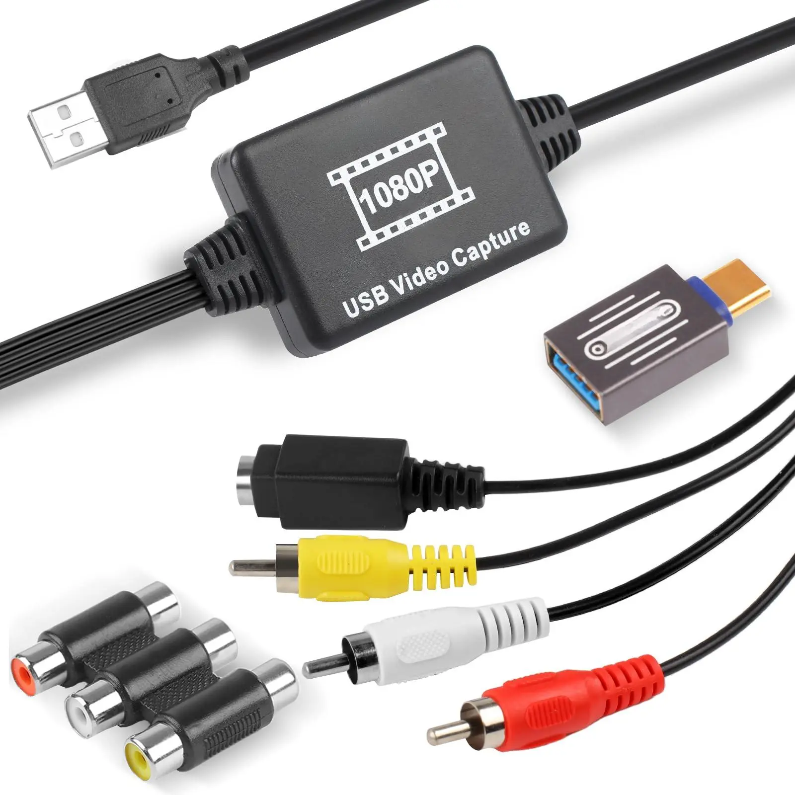 Vhs To Digital Converter Usb-a/usb-c Video 1080p Capture Card Rca/av Usb2.0 Audio Transfer Grabber Convert Analog Vcr Hi8 Mini Dv For Pc Dvd Tape Camera