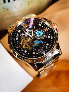 Men's Business Fashion Mechanical Watch, Rhinestone Decor Round Dial Luminous Fashionable Watch with Box, Trendy Wristwatch for Men As Gift, Mechanical Style Watches, Stylish Watch, Rhinestone Embellished Watch