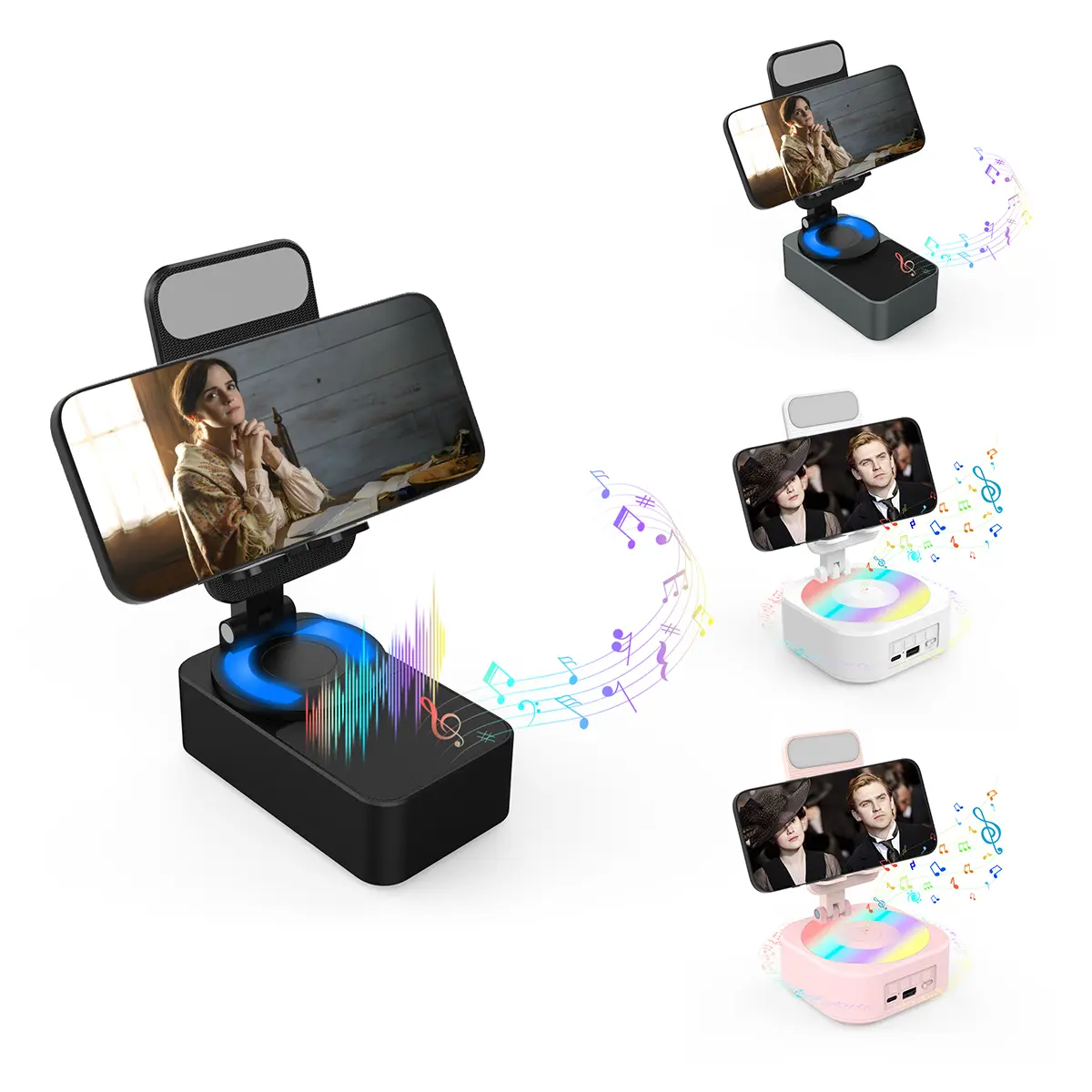 Elecomo 5-in-1 Smartphone Accessory - Phone Holder with Wireless Audio Bluetooth Speaker, LED Light, USB Power Bank, 5.3 HD Surround Subwoofer Sound, 360° Rotatable Foldable Lift, Non-Slip Base (Ideal for Home, Office), Accessories