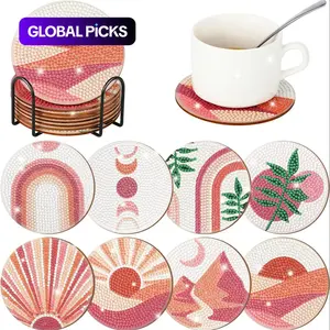 Pastel-Colored Landscape Pattern DIY Diamond Art Painting Coasters, 8 Counts Wooden Round Table Decorative Cup Mats with Stand for Display to Add Style for Home, Kitchen and Coffee Shop #GLOBAL PICKS