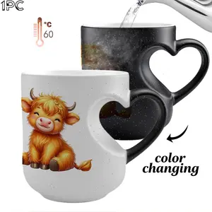 1pc 11oz Shimmering Heart Ceramic Mug, Thermosensitive, Ceramic Printed Drinkware, Highland Cow Print, Magic Color-Changing, Heart-Shaped Handle Mug, Perfect for Special Moments, Gift for Friends, Lovers, Family, Hand Wash Only, Coffee