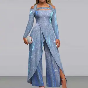 Sexy Sequin Long Dress with Slanted Front, Mid-Waist, Elegant Commuter Jumpsuit