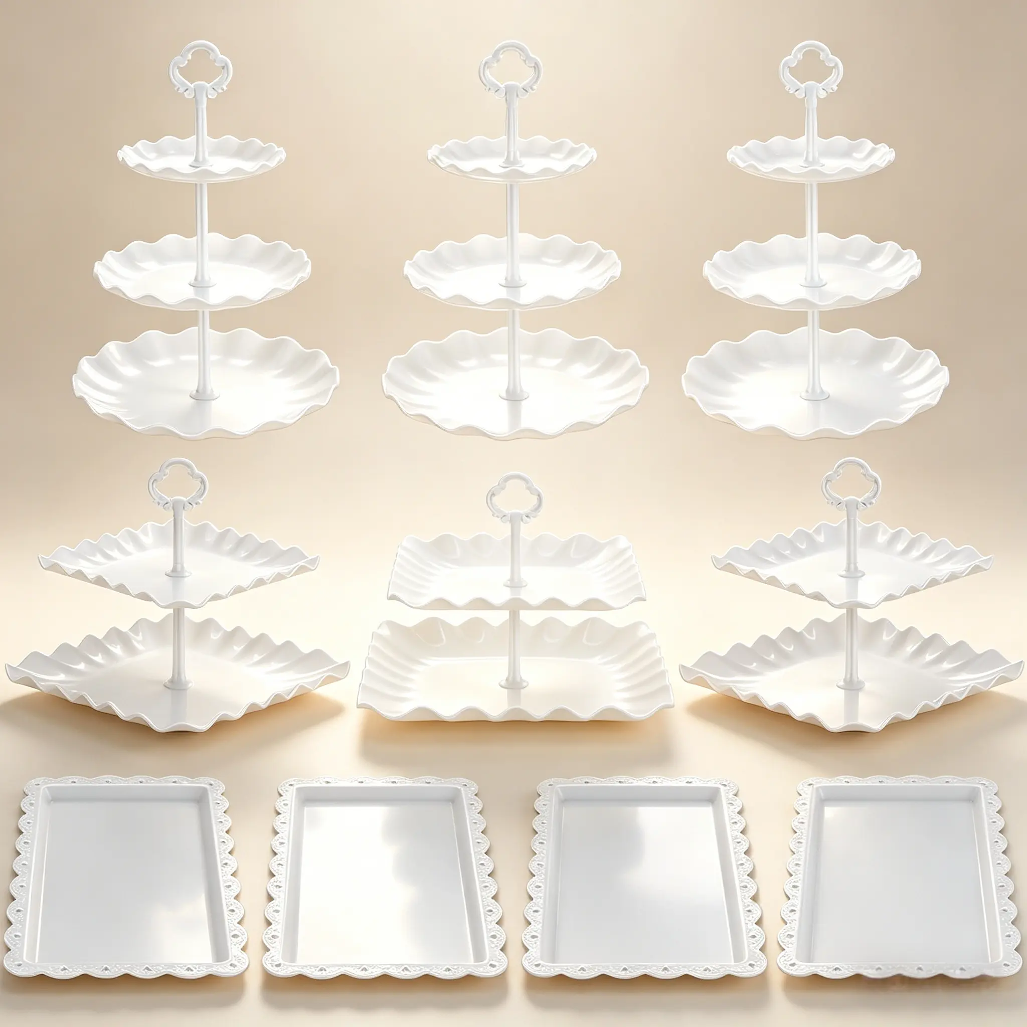 Lightweight Sturdy Plastic Dessert Table Display Set (10-Piece) - 3x 3-Tiered, 3x 2-Tiered Cupcake Serving Towers, 4x Trays for Birthday, Bridal Shower Parties, Scalloped Edge