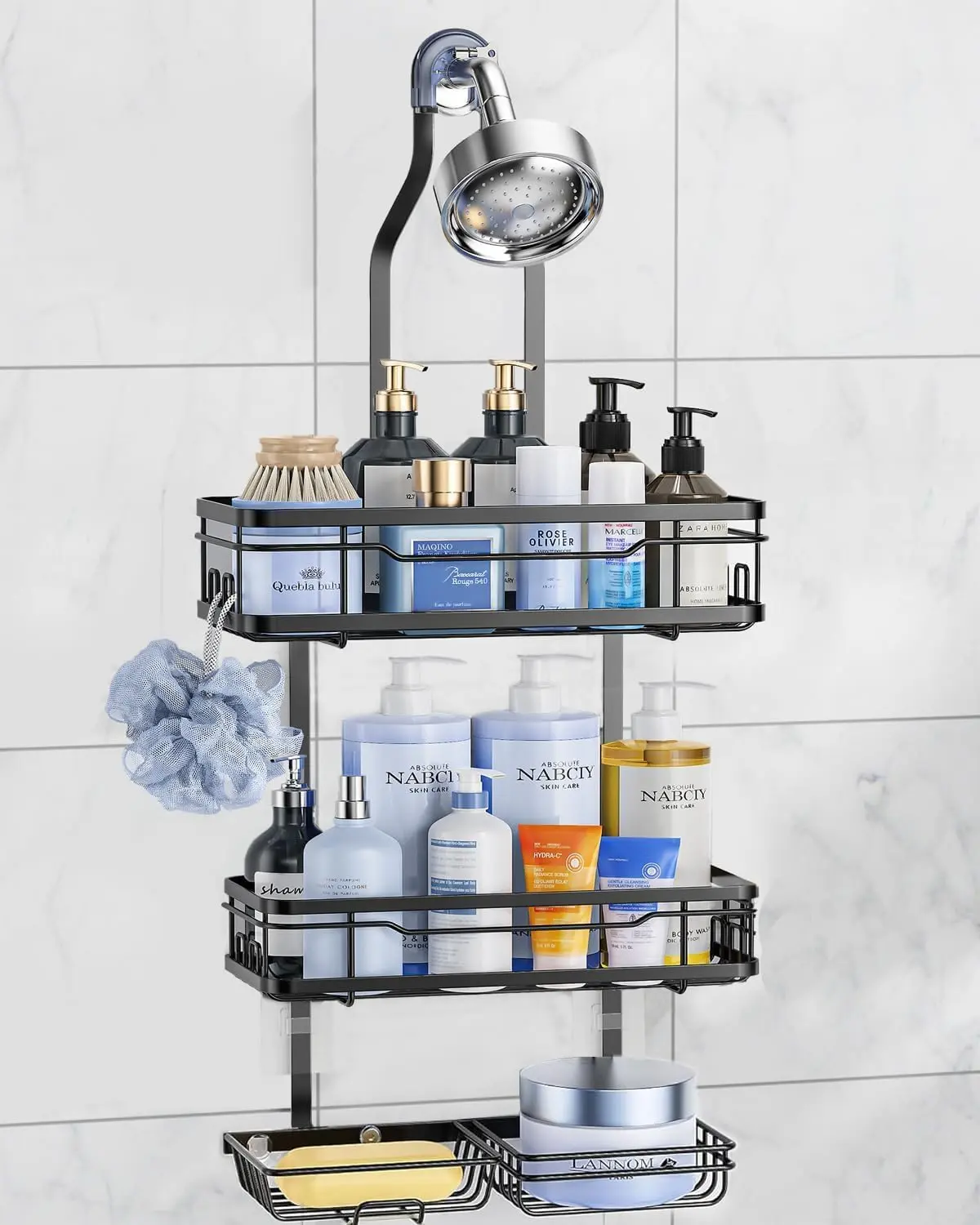 Black Over-Showerhead Hanging Shower Caddy - 3-Tier Iron Metal Rustproof Bathroom Organizer with Baskets, Soap Holder, Razor/Sponge Hooks, No-Drill Removable Large Capacity Premium Material Easy to Clean Bath Accessory