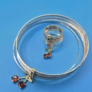 B9-7days Set Ring #7 & Bracelet Red Cherry Charm Design 2.5-inch Diameter 27.6 Grams Gold-Filled Water-Resistant Fashion Jewelry for Women
