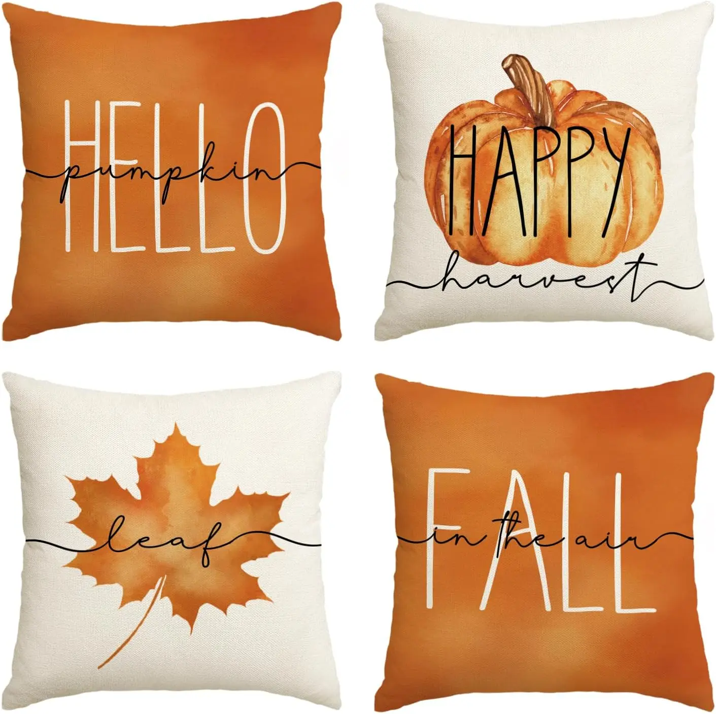 18x18 in Pumpkin & Maple Leaf Themed Cushion Covers, 4pcs Farmhouse Sofa Couch Decor, Autumn Thanksgiving Happy Harvest Living Room Textile Soft Furnishings