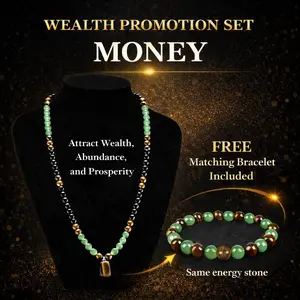 2Pcs Money Necklaces Bracelets Set for Men Women Green Jade Money Feng Shui Wealth & Luck Necklace Crystal Protection Tiger Eye Jewelry Spiritual Gifts
